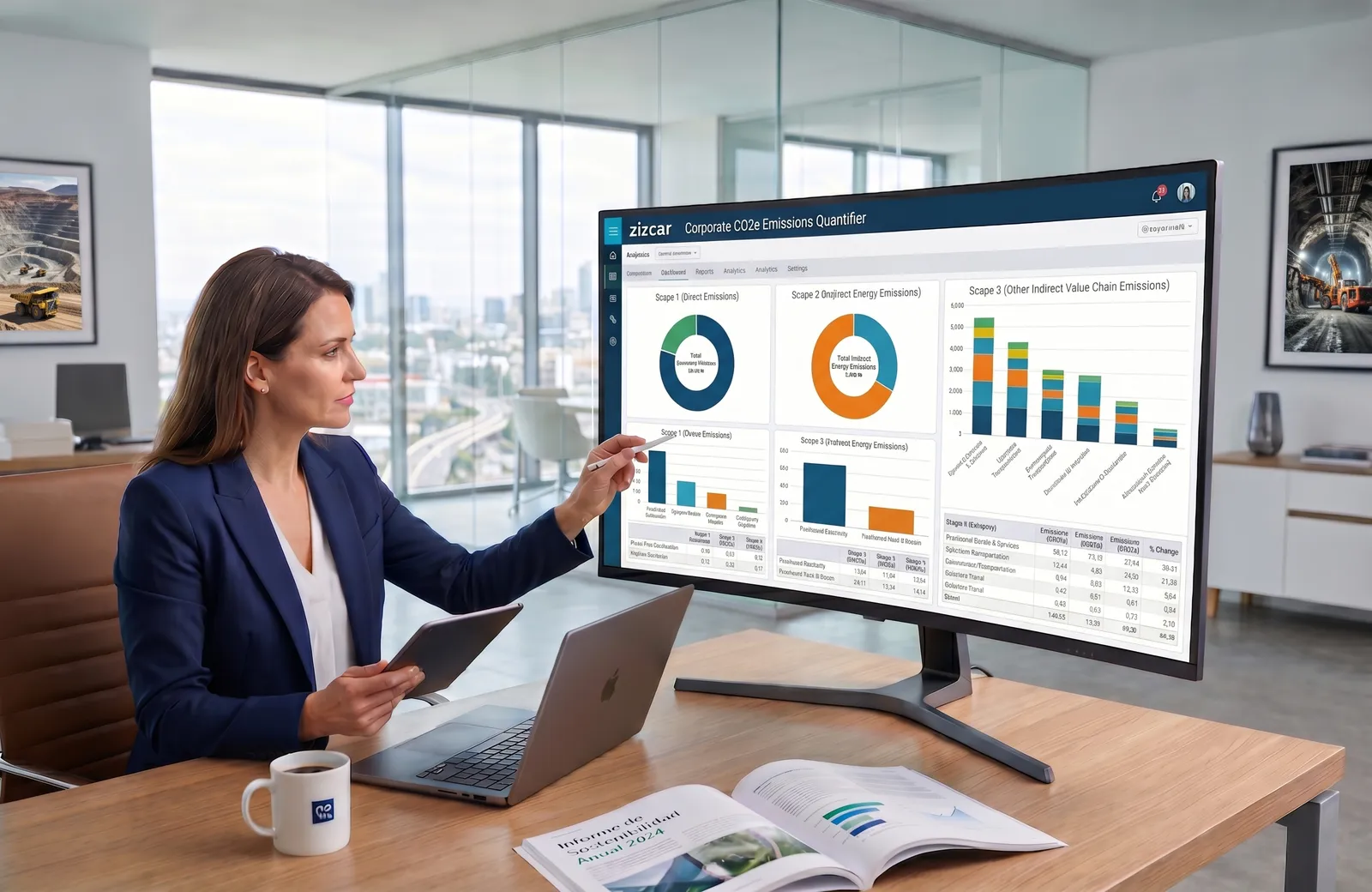 Profesional de sostenibilidad revisando el dashboard de huella de carbono ZIZCAR 360